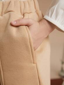 PrepCrw 年轻女孩学院风卡其色针织宽松抽绳腰部羊毛连帽衫和裤子套装，运动休闲 - 杏色 - 查看 5