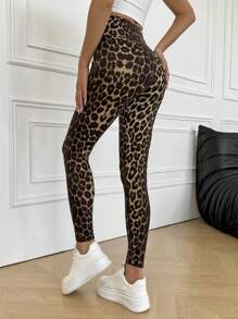 SHEIN Leap Crew Tween Girls Casual Leopard Print Elastic Knit Leggings - Brown - View 2