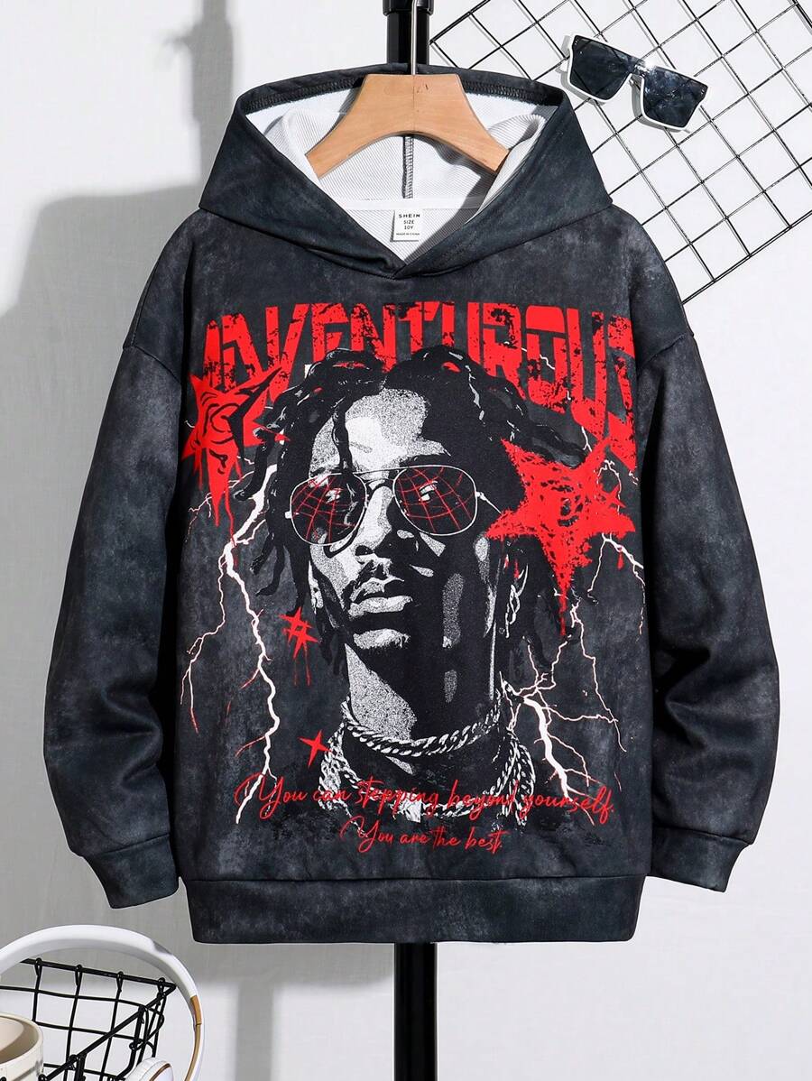 Tween Boy Fashionable Distressed Portrait & Letter Graphic Print Long Sleeve Hoodie Sweatshirt