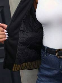 SHEIN LUNE Plus Size Patchwork Bedrukt Ribgebreid Baseballjack - Zwart - Bekijken 8