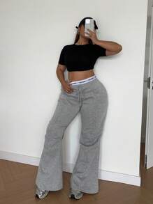 Calvaya 大码休闲字母印花腰部拼接抽绳喇叭运动裤 - 灰色 - 查看 6