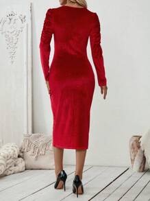 SHEIN Clasi 1 件红色 V 领褶皱开衩长袖优雅连衣裙