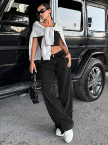 EURMUSE 100%Cotton LOW RISE WIDE LEG GREY RAW HEM Y2K STYLE WOMEN JEAN 2000s Style