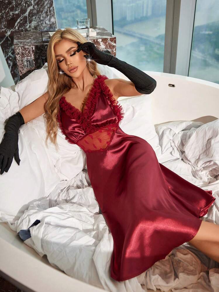 fitted lace wedding dress SilkSilky Women's 100% Mulberry Silk Nightgown, V-Neck, Adjustable Spaghetti Straps, Wine / XXL(16/18) main image 0