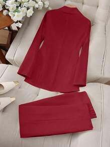 SHEIN Clasi 女士前扣长袖花卉装饰简约上衣和裤子休闲套装新年衣服 - 紅色 - 查看 2