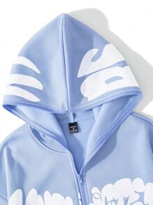 Manfinity Hypemode Sudadera con capucha con gráfico de letras para hombres con forro térmico, sudadera con capucha con cremallera azul, sudadera con capucha con gráfico con cremallera, para otoño e invierno, top de manga larga - Celeste - Ver 4