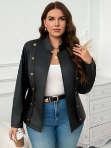 SHEIN LUNE Plus Size Women's Spring Autumn Suede Jacket With Metal Buttons, New Years Winter Holiday - Black - View 6