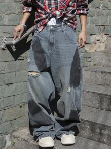 Manfinity EMRG Jeans vaqueros informales, anchos y holgados con efecto desgastado en azul oscuro liso para hombre, un regalo para el esposo o el novio