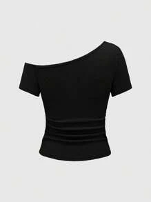 ROMWE Women's Kpop Summer Rhinestone Letter & Heart Asymmetrical Neck Ruched Casual Short Sleeve T-Shirt, For Carnival - Black - View 3