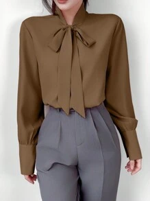 SHEIN Unity Elegant Knot Collar Long Sleeve Casual Blouse, Autumn