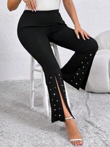 SHEIN Clasi Pantaloni casual neri attillati con spacchi anteriori per donne in taglie comode