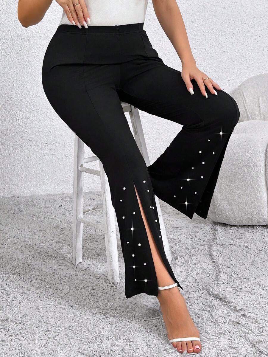 SHEIN Clasi Pantaloni casual neri attillati con spacchi anteriori per donne in taglie comode