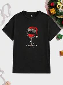 Manfinity Homme Merry Christmas 1pc Black Crew Neck T-Shirt, Christmas Gifts For Men - Black - View 2