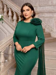 SHEIN Belle Đầm đuôi cá cổ tròn màu xanh lá cây thanh lịch lãng mạn cỡ lớn cho nữ, vải co giãn cao, ba chiều, đính hoa, vai bồng bềnh, cỡ lớn, thích hợp cho tiệc cưới và váy phù dâu, váy dài tay - Màu xanh lá cây đậm - Xem 2