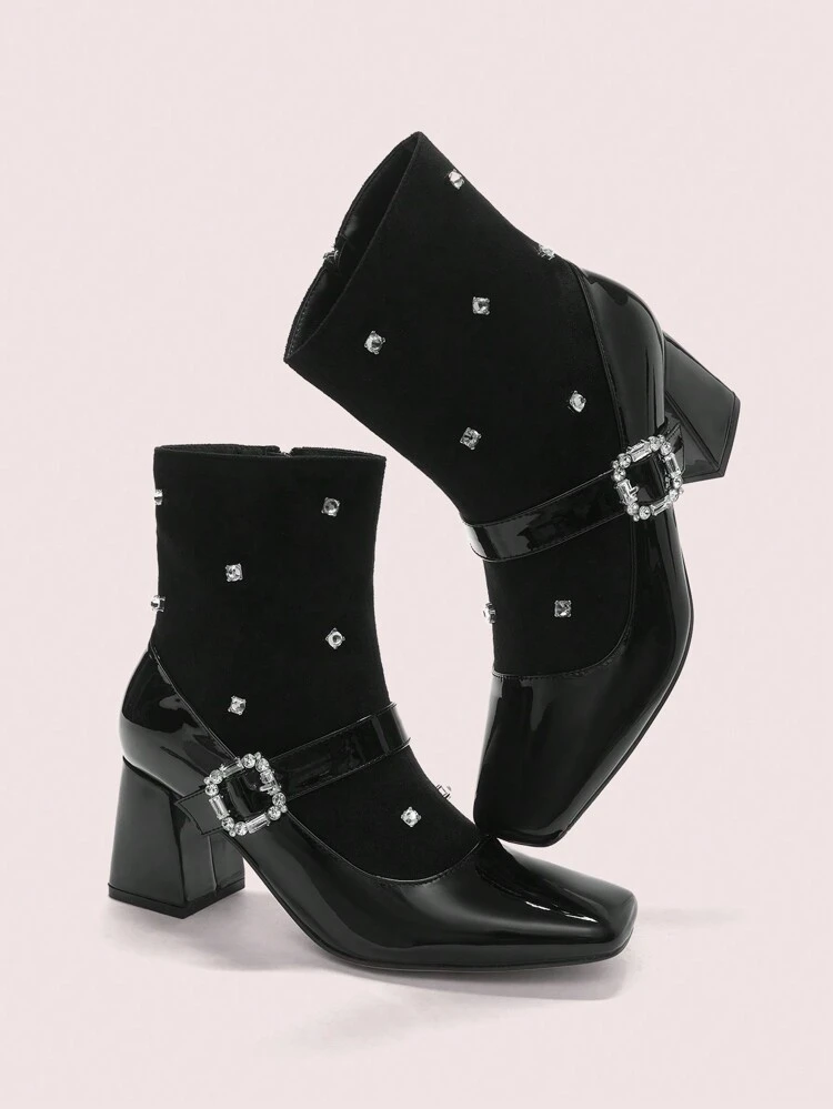 CUCCOO DOLLMOD Women's Fashion Comfortable Black Suede Spliced Leather Strap Rhinestone Buckle Decor Square Toe Block Heel Side Zipper Boots New Year Holiday Valentines Valentine Day