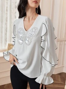 Modelyn Blusa elegante de mujer con volantes, decoración de perlas falsas y mariposa, para otoño