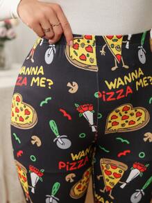 SHEIN LUNE Plus Size Women Halloween Heart Pizza Print Knit High Stretch Velvet Skinny Leggings, Fashion Slim Fit, Comfortable Base Layer - Multicolor - View 3