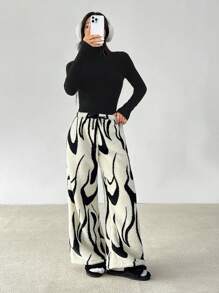 SHEIN PETITE Pantalones anchos y sueltos de pierna ancha con cintura de lazo y estampado de cebra casuales para mujer