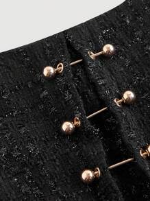 SHEIN MOD Women's Elegant Pearl Pin Detail Black Tweed A-Line Skirt, Autumn - Black - View 4