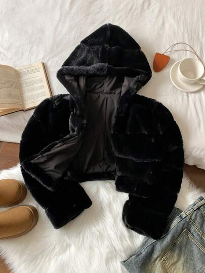 Comfortcana 秋冬女士时尚纯色羊毛短款连帽大衣