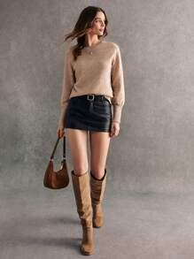 Áo len cổ tròn màu trơn thanh lịch dành cho nữ - Màu Khaki - Xem 3