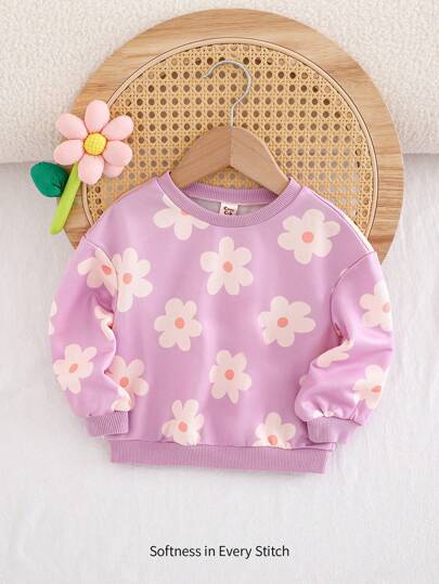 Cozy Pixies 女婴彩色花卉针织柔软圆领落肩长袖运动衫