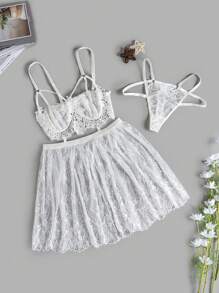 Váy ren hoa cut out gợi cảm với quần lót thông - trắng - Xem 6