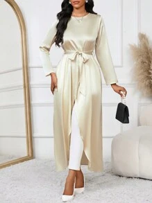 SHEIN Lady Blusa de cuello redondo de manga larga en beige con lazo a la cintura, abertura frontal y bajo con volantes, top de mujer de otoño