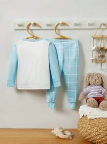 2 件装婴儿男孩可爱恐龙印花贴身长袖上衣和裤子睡衣套装 - 藍白色 - 查看 2