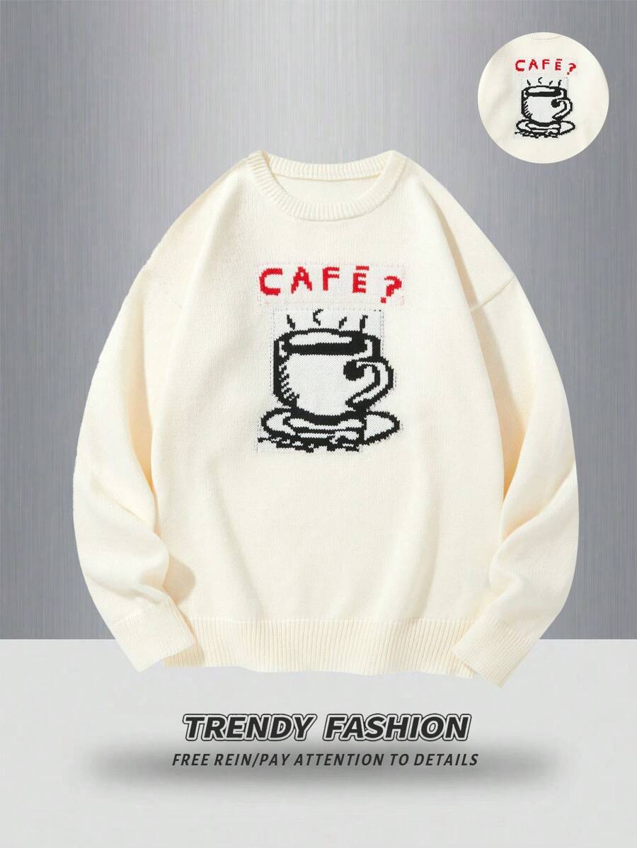 Manfinity Hypemode Jersey de punto informal color café con patrón de letras para hombres, otoño/invierno - Blanco - Ver 1