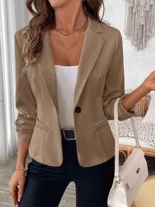 EMERY ROSE Women Casual Solid Color Gather Cuff Blazer For Autumn - Khaki - View 3