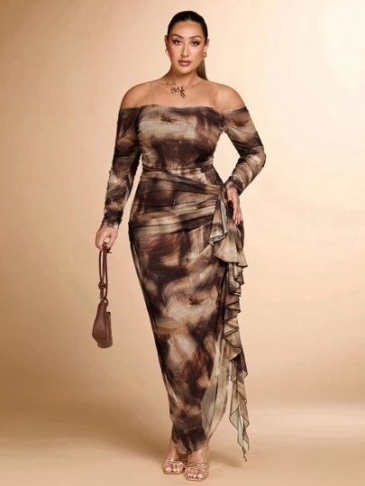 SHEIN X Phaith Montoya SHEIN BAE Plus Size Women's Romantic Frill Ruffle Dress, Elegant Party & Holiday Wear, Autumn/Winter, Long Sleeve, Tie-Dye Marble Print, Bodycon Fit