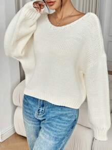 SHEIN Unity Women Simple Solid Color V Neck Long Sleeve Knitted Sweater, Fall Winter - White - View 3