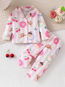 2pcs Baby Girl Comfy Casual Allover Print Donut Pattern Long Sleeve Top & Pants Homewear Set,Summer Travel - Multicolor - View 1