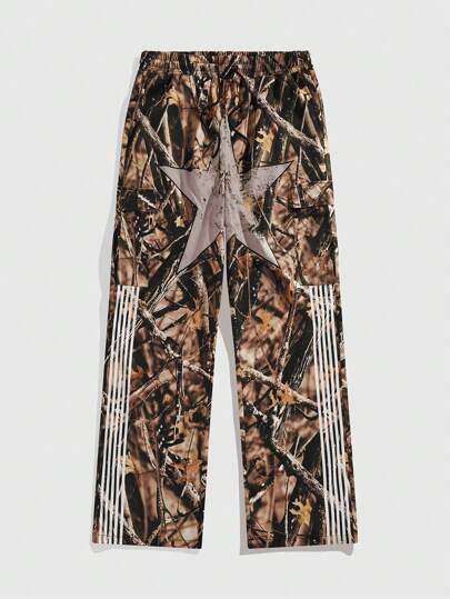 Street Life Pantaloni casual da uomo con stampa a rami secchi e stelle, con lacci frontali, in stile mimetico