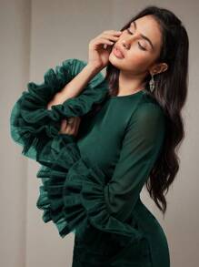 Veilorie Vestito casual lungo con collo rotondo, maniche lunghe, plissettato, colore unito, minimalista, modesto, da donna