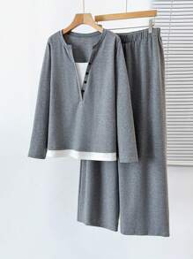 Plus Size Casual Patchwork Color Block 2 In 1 Sweatshirt & Pants Set, Autumn Fall Cloth For Women - Dark Grey - View 8