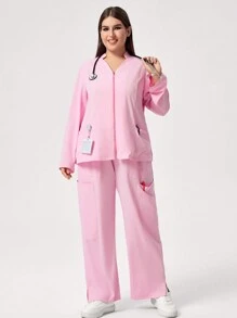 TaskEZ Plus Size Plain Long Sleeve Pocket Simple Top And Pants Uniform Set Scrub Set