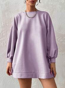 EURMUSE 100%Cotton Solid Drop Shoulder Sweatshirt Dress - Lilac Purple - View 4