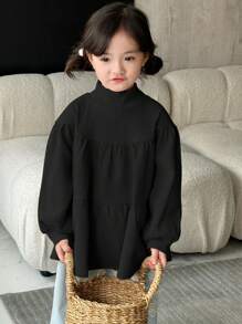 DAZY 年轻女孩高领拼布连衣裙，年轻女孩秋季服装 - 黑色 - 查看 1