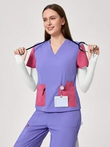 TaskEZ Women's Contrast Color V-Neck Top And Pants Uniform Scrub Set - Purple - View 5