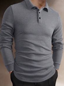 Manfinity Homme Men's Casual Solid Color Ribbed Long Sleeve Polo Shirt For Spring/Autumn - Grey - View 1