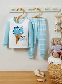 2 件装婴儿男孩可爱恐龙印花贴身长袖上衣和裤子睡衣套装 - 藍白色 - 查看 1