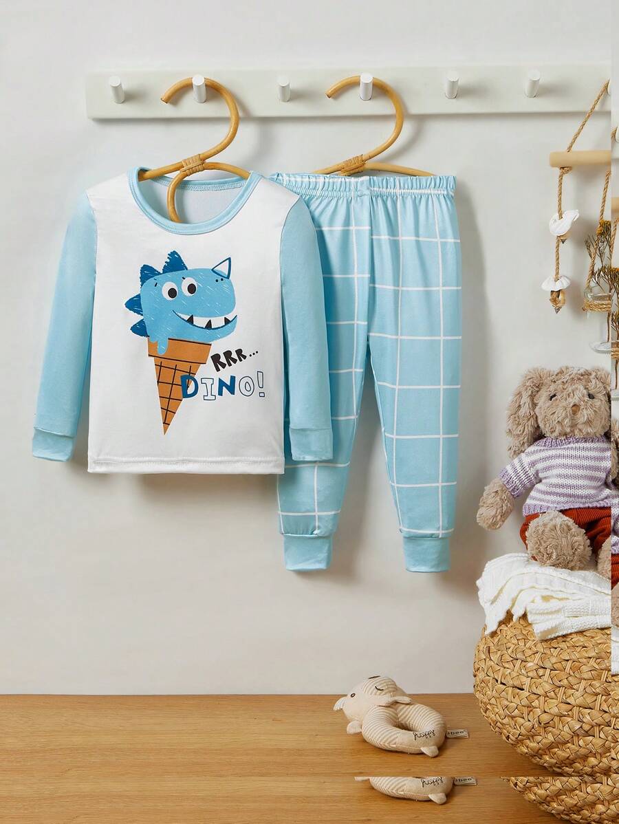 2 件装婴儿男孩可爱恐龙印花贴身长袖上衣和裤子睡衣套装 - 藍白色 - 查看 1