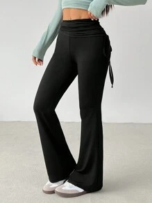 SHEIN PETITE Pantalon flare noir slim avec cordon de serrage latéral, style de mode de rue rétro pour femmes - Noir - Voir 1