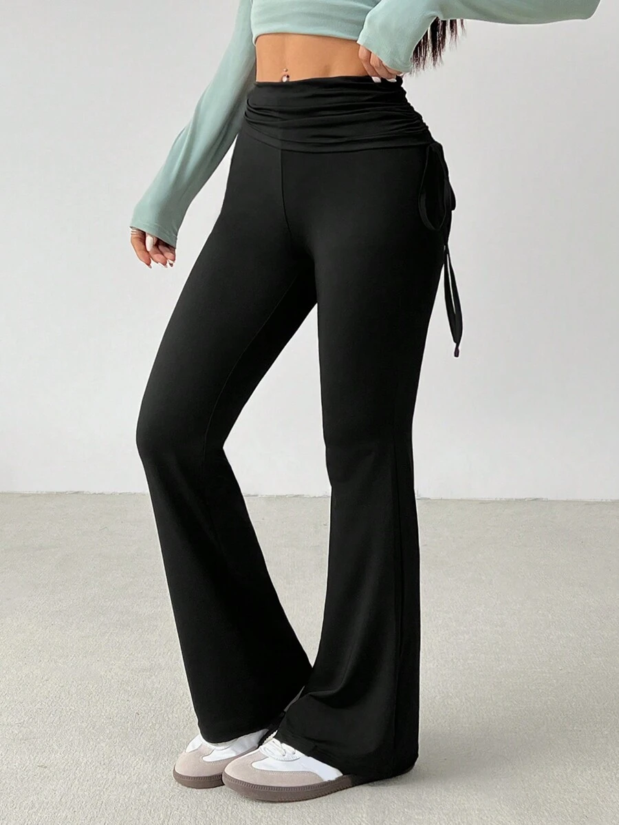 SHEIN PETITE Pantalon flare noir slim avec cordon de serrage latéral, style de mode de rue rétro pour femmes - Noir - Voir 1