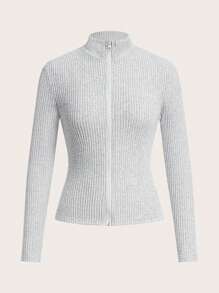 SHEIN EZwear Set de 2 piezas de chaqueta con cremallera y cuello acanalado de unicolor casual y leggings para mujer, otoño