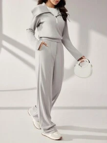 Mulvari 2 pièces Ensemble Top et pantalon de sport décontracté d'automne pour femmes avec couleurs contrastées
