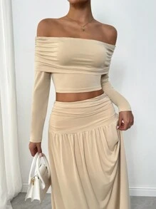 Chiquease Set de 2 piezas con top de manga larga ajustado y hombros descubiertos y falda de cintura alta, conjunto casual para mujer, otoño - Albaricoque - Ver 6