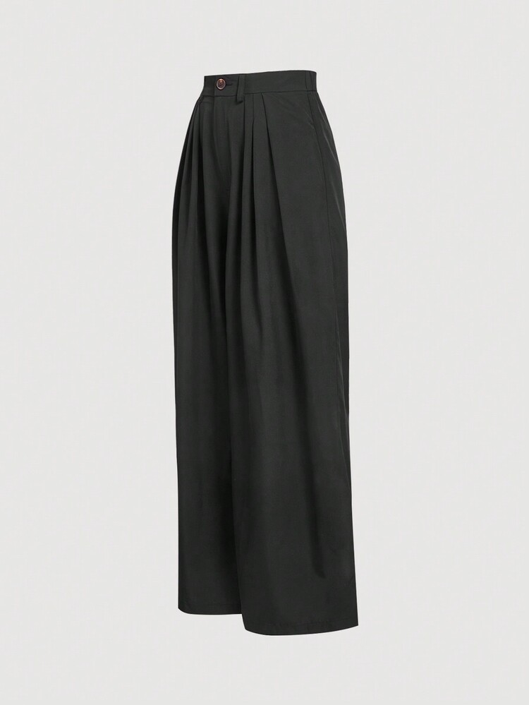 SHEIN MOD 冬季，黑色 V 领收腰镂空西装背心和高腰褶皱裤套装，两件套秋季服装，优雅，露腰，斜襟 - 黑色 - 查看 7